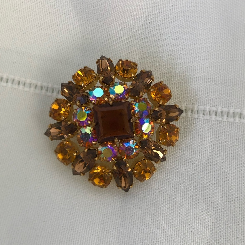 Vtg Amber Rhinestone Brooch - Picture 2 of 10